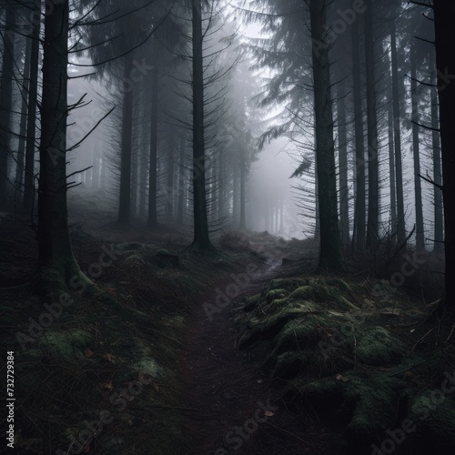 Dark forest in autumn fog