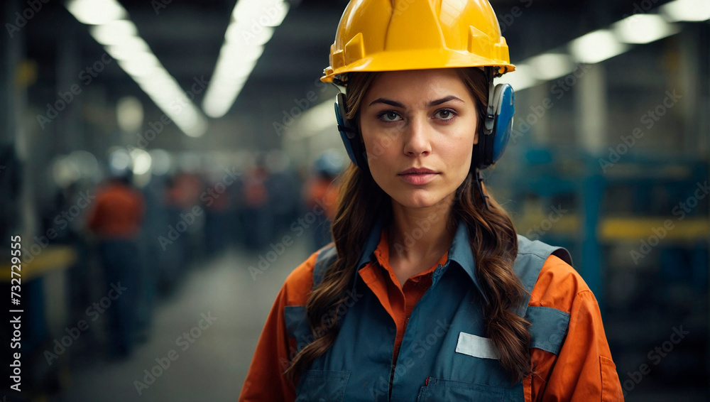 A female worker with helmet and uniform in a factory A female worker with helmet and uniform in a factory