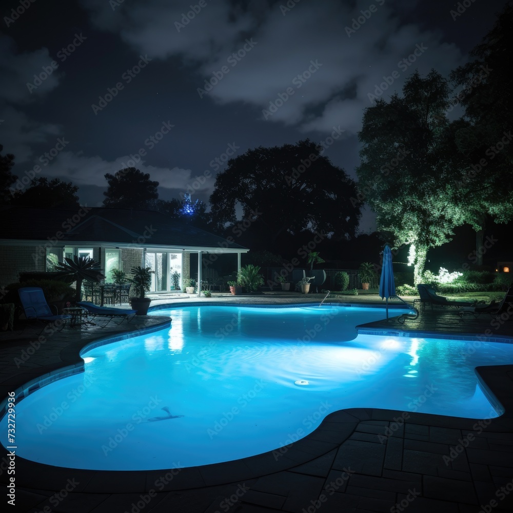 The pool is illuminated at night