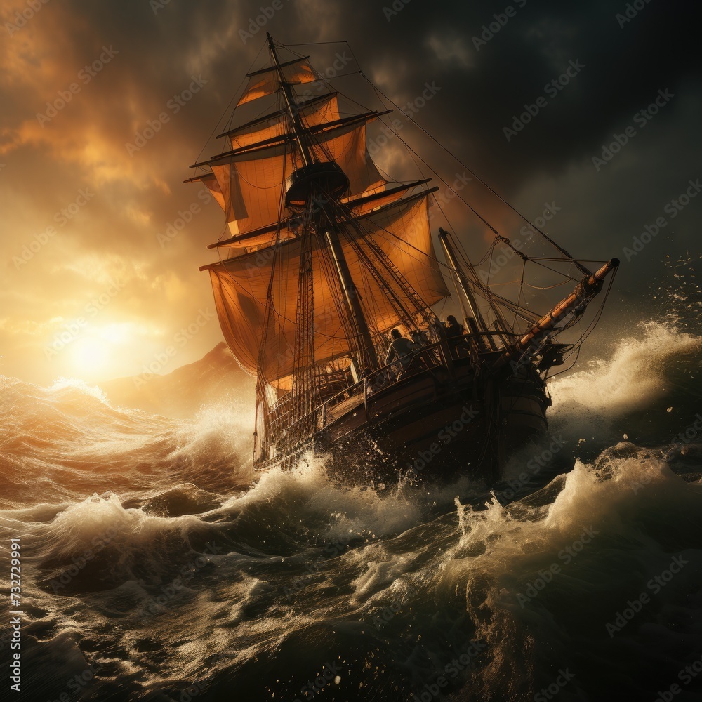 Obraz premium Sailing old ship in a storm sea in the background stormy clouds with lightning