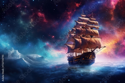 The ship sails through the beautiful cosmic clouds