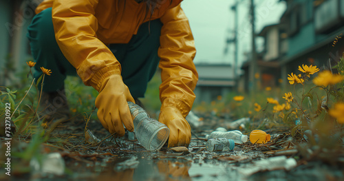 An unrecognizable person picking up contamination garbage outside his home