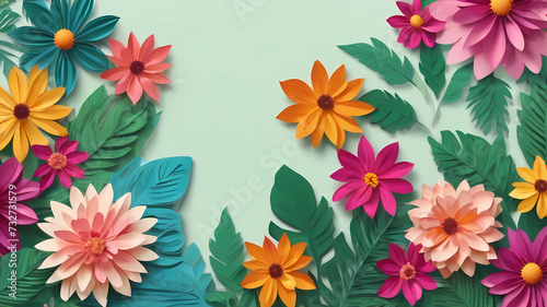 summer border with paper cut fantasy flowers, leaves, isolated