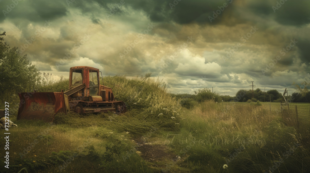 Old rusty bulldozer sitting abandoned in a lush field with overcast skies, evoking a sense of desolation.