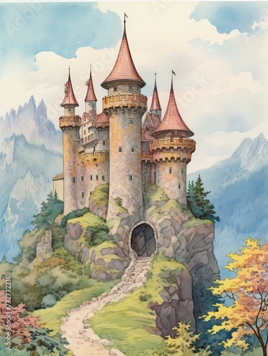 Vintage Fairytale Castle Turrets Wall Art: Capture the Essence of a Medieval Landscape with this Stunning Castle Print