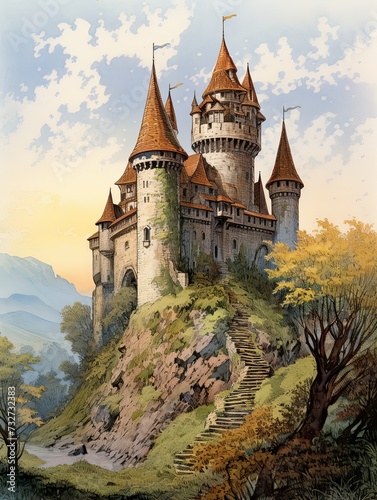 Wallpaper Mural Vintage Turret Scene: Fairytale Castle Art in a Captivating Medieval Print Torontodigital.ca