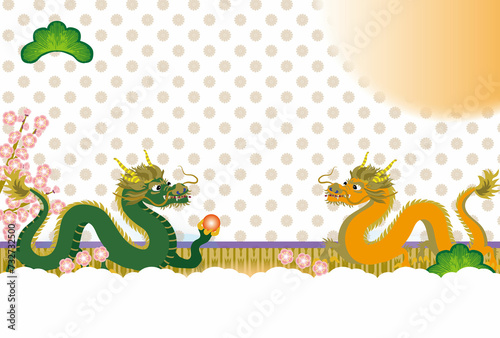 龍の和風モダンなイラストに梅の花と松の葉の飾り付き