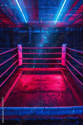 Empty neon-lit boxing ring with a surreal cosmic starfield background.