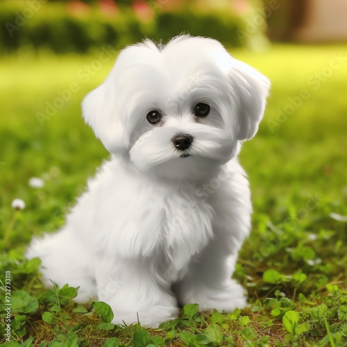 Fluffy Maltese Puppy in Garden
