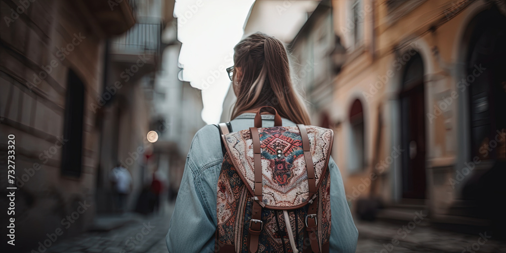 Young Girl With Stylish Backpack On A Street