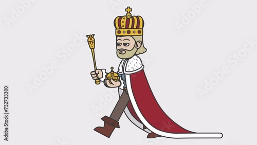 2d animation of walking white male monarch holding a scepter and an orb. Looped 4K video with alpha-channel.