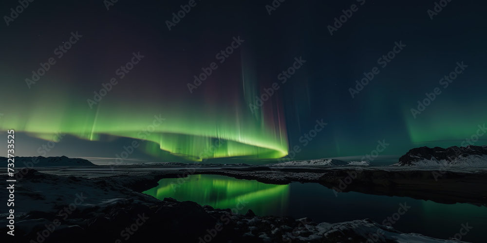 view of Aurora green Northern Lights in the night sky near the Arctic Circle
