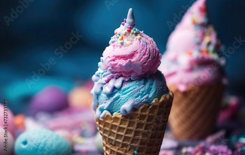 Close-up view of an ice cream cone with colorful ice cream and sprinkles