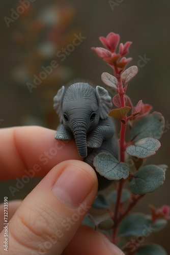 Teeny-tiny elephant resting on the edge of a female fingertip, colored nails , displaying the lovable nature of the tiny animal, isolated on a white background