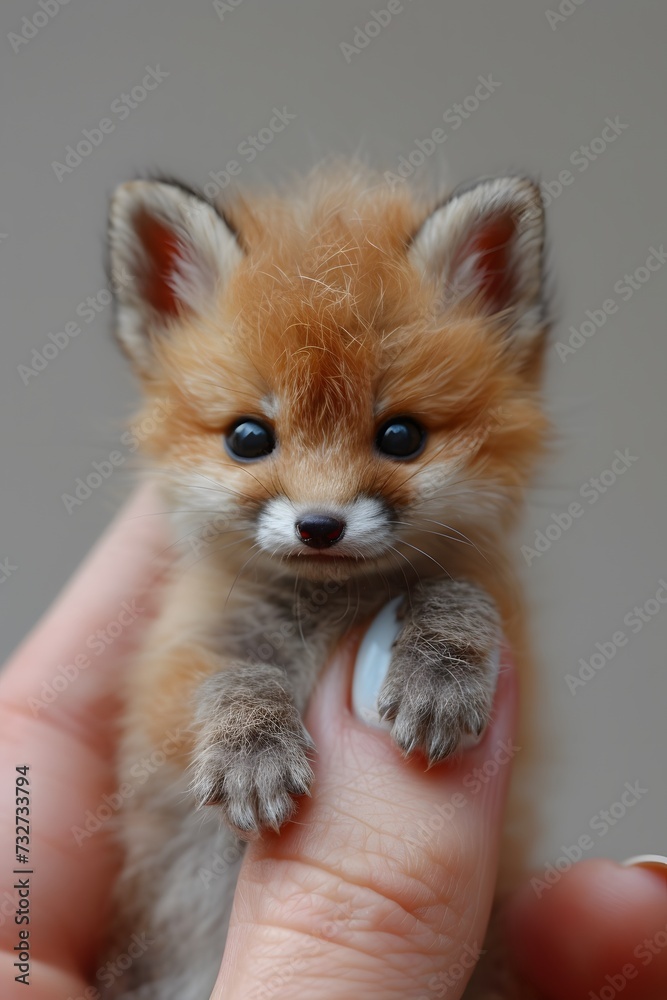 Teeny-tiny fennec fox resting on the edge of a female fingertip, painted nails , displaying the lovable nature of the tiny animal,isolated on a white background