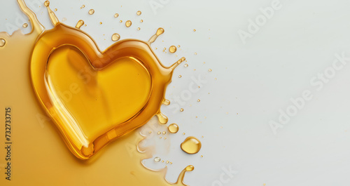 Golden yellow honey like cosmetic gel  splash on white table in shape of heart - copy space at side. Generative AI