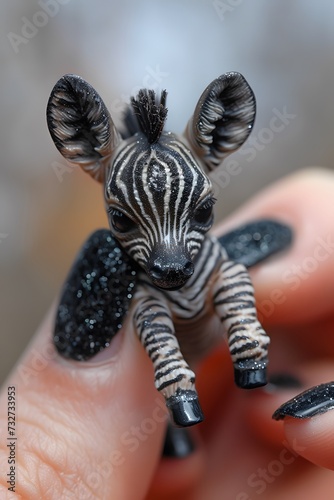 Teeny-tiny zebra resting on the edge of a female fingertip  black painted nails   displaying the lovable nature of the tiny animal isolated on a white background 