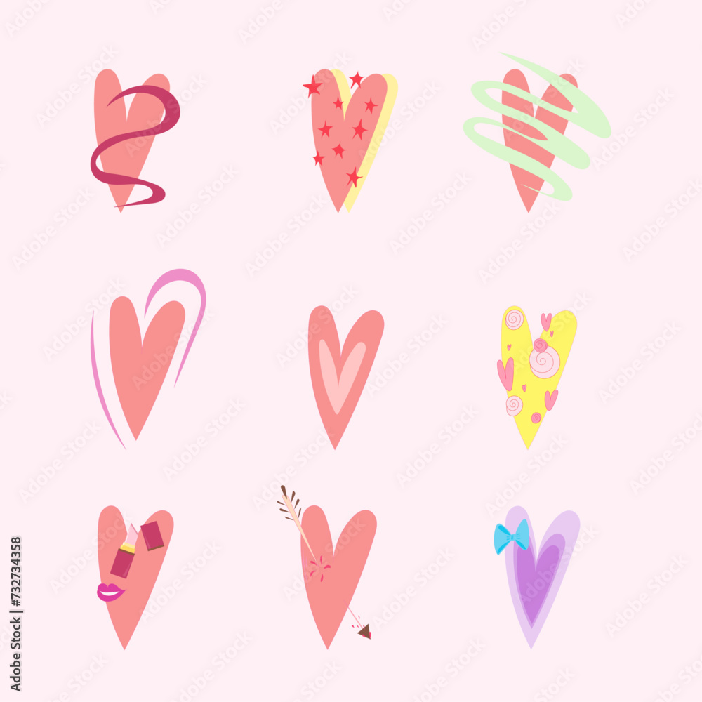 Set of cute hearts vector illustration on pink background. Hand drawn love theme pattern design for valentine's day, wedding, mother's day