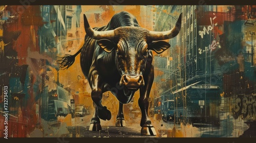An illustration representing a bullish market, with finance symbols depicting rising stock prices and financial growth