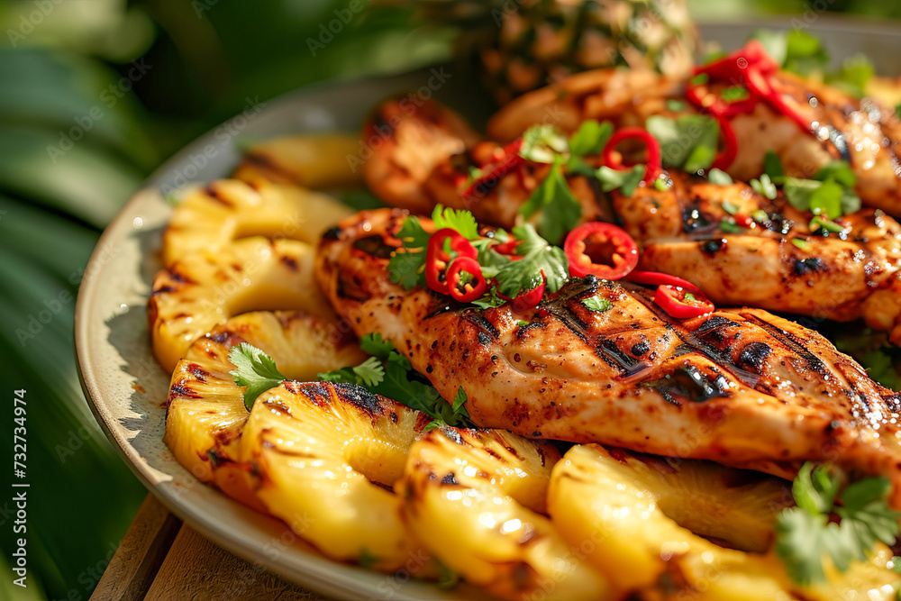 Grilled chicken and pineapple rings with chilies and herbs.