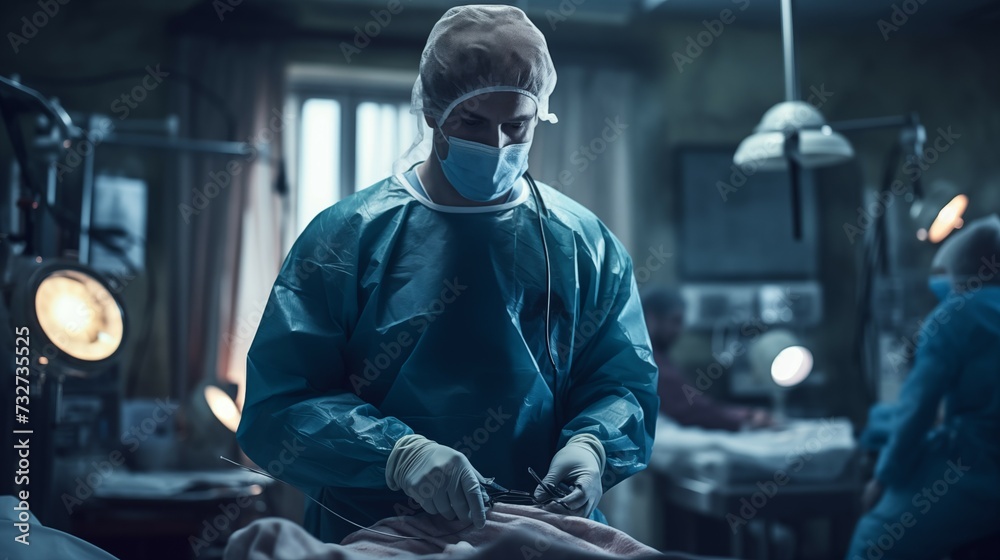 Photograph of doctor with operating room in the background Photograph of doctor with operating room in the background