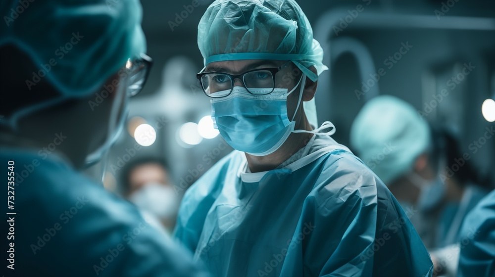 Photograph of doctor with operating room in the background Photograph of doctor with operating room in the background