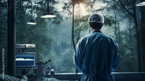 Photograph of doctor with operating room in the background