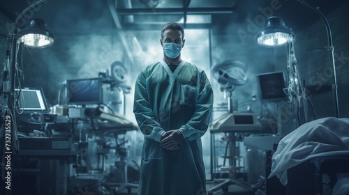 Photograph of doctor with operating room in the background