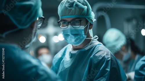 Photograph of doctor with operating room in the background