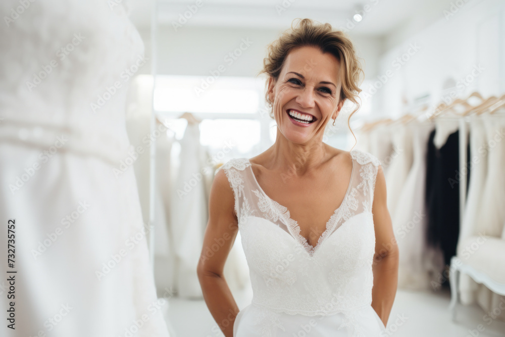 Stylish bride embraces wedding fashion in a chic store, radiating beauty and celebrating love elegantly. Stylish bride embraces wedding fashion in a chic store, radiating beauty and celebrating love elegantly.
