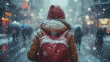 A Girl in Warm Clothes with Backpack, Strolling Through the City Streets as Snowflakes Dance Down from the Sky