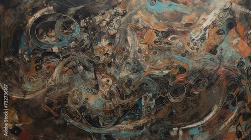 A tactile abstract composition with touch and raised swirls and patterns with thick application of oil paint. 