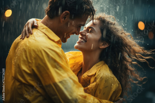 An excited couple dancing and hugging outdoors in the rain, expressing love and passion under the summer sky.