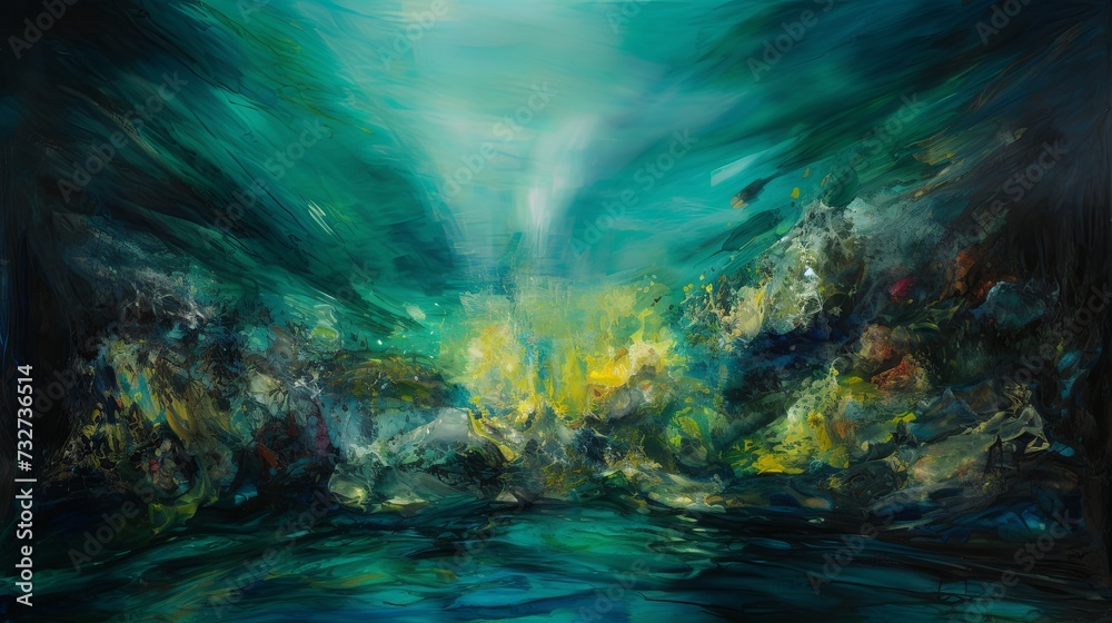 An underwater seascape, imagined through thick layers of blue and green oil paints.  - obrazy, fototapety, plakaty 