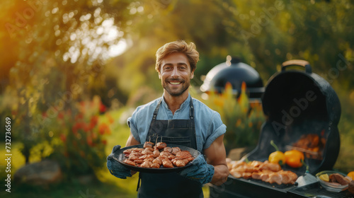 cheerful smiling man in kitchen mittens holds barbecue grill with meat in the park, cook, picnic in nature, cooking, delicious food, meal, summer