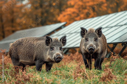 Two wild boars next to solar panels installed in the forest. © Aydan