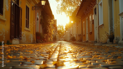 The warm golden light of sunset bathes a quaint cobblestone street, evoking a feeling of old-world charm and tranquility.