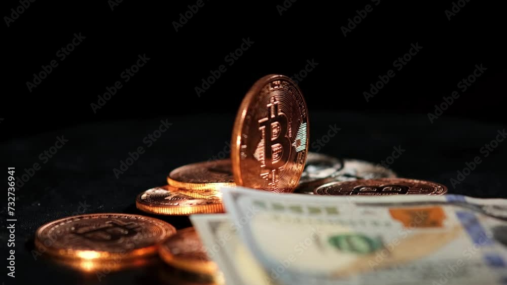 Close-up of metallic shiny bitcoin cryptocurrency coins. Electronic decentralized money concept.