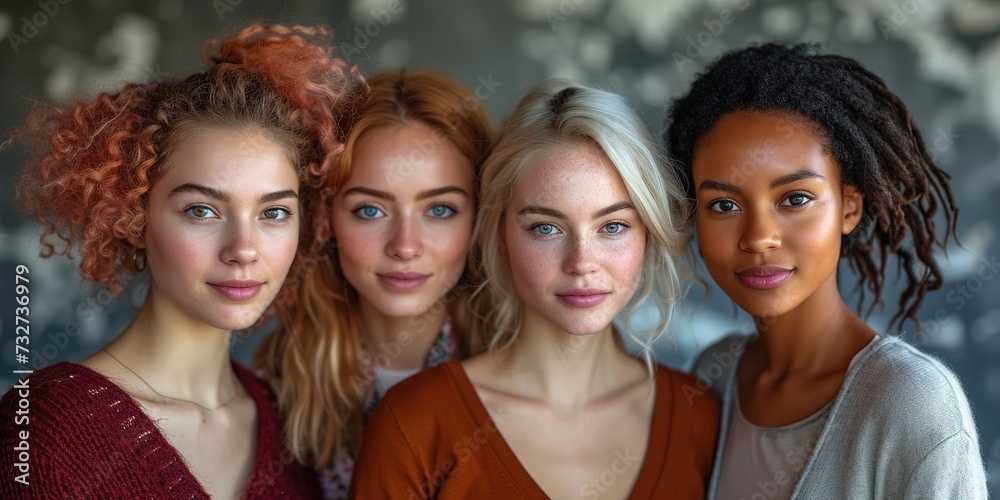 Obraz premium Group of strong independent women standing together in a studio. Diverse women looking at the camera