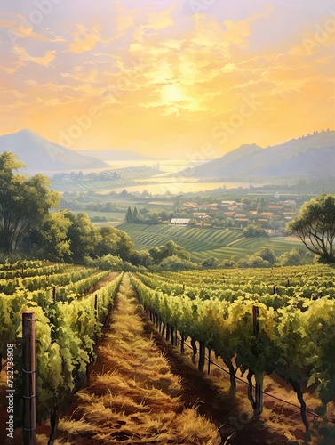 Golden Hour Vineyards Morning Mist Painting  Captivating Vineyard Scene in Nature s Artwork