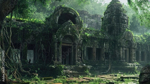 An ancient  abandoned temple overrun by nature  with intricate carvings and overgrown vines. Resplendent.