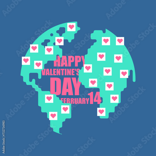 Valentine's Day love map. Peace in hearts. World love. World map and heart. Universal amour concept