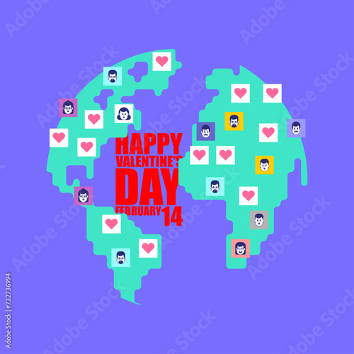 Valentine's Day love map. Peace in hearts. World love. World map and heart. Universal amour concept