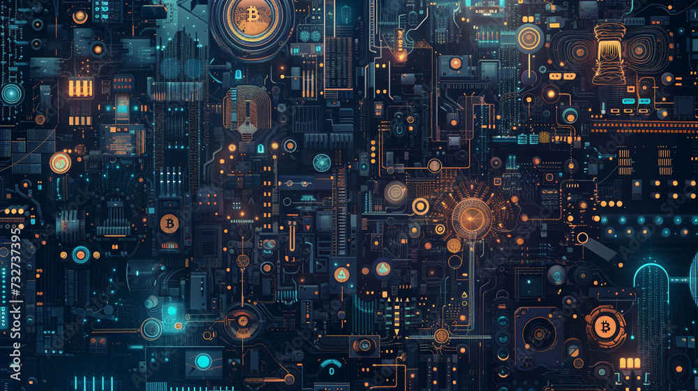 Digital artwork of a neon-lit futuristic city with prominent cryptocurrency symbols and electronic circuit elements.