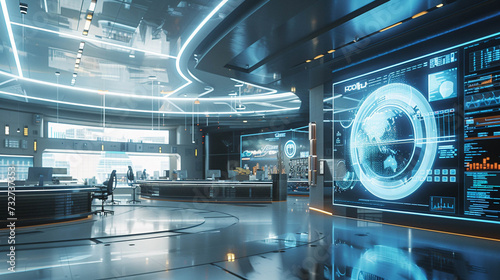 Inside a modern technology command center with interactive global data displays and a futuristic operational environment.