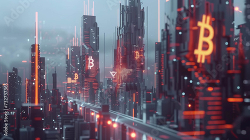 A cyberpunk-inspired cityscape bathed in a haze with neon Bitcoin signage and futuristic architecture.