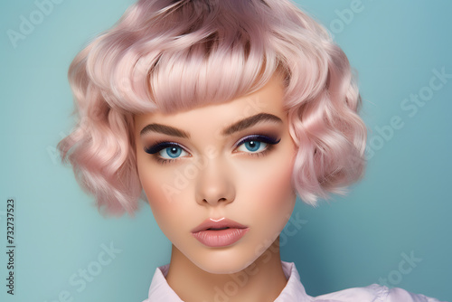 Pretty woman with pink hair in retro hairstyle and makeup in front of blue background