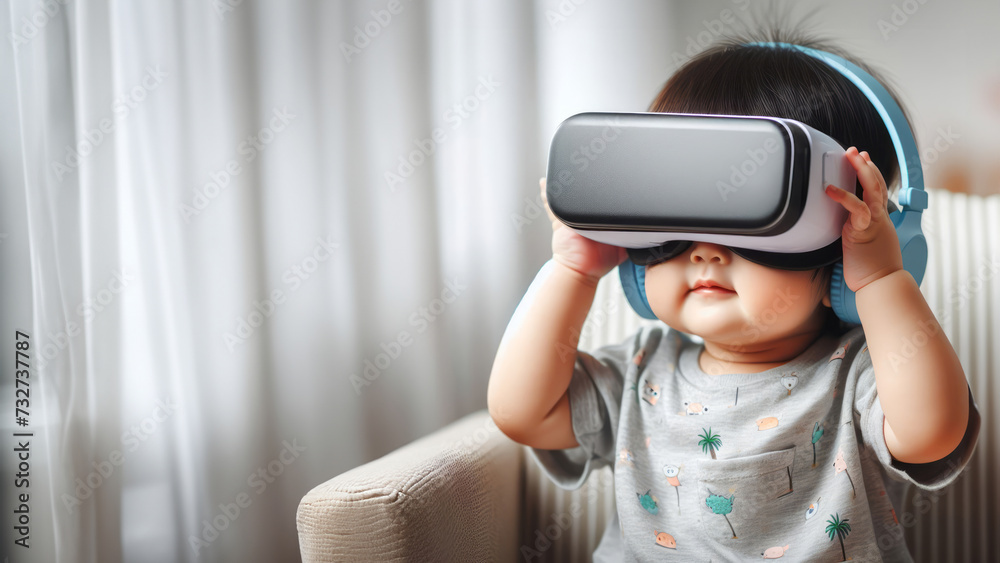 A curious toddler tries on a virtual reality headset, experiencing the wonder of technology in a home environment.
A curious toddler tries on a virtual reality headset, experiencing the wonder of technology in a home environment.