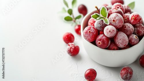 a bowl of cranberries with leaves on a white surface