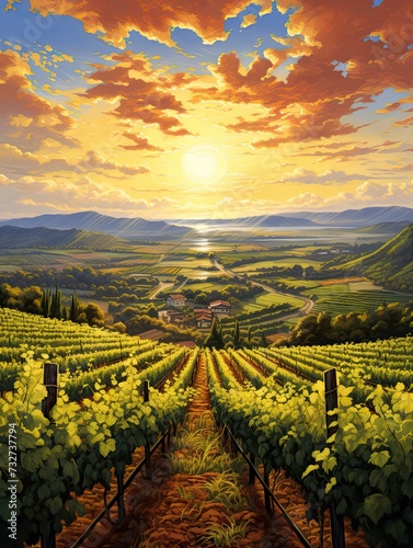 Golden Hour Vineyards Valley Landscape  Captivating Vineyard Art and Scenic Prints